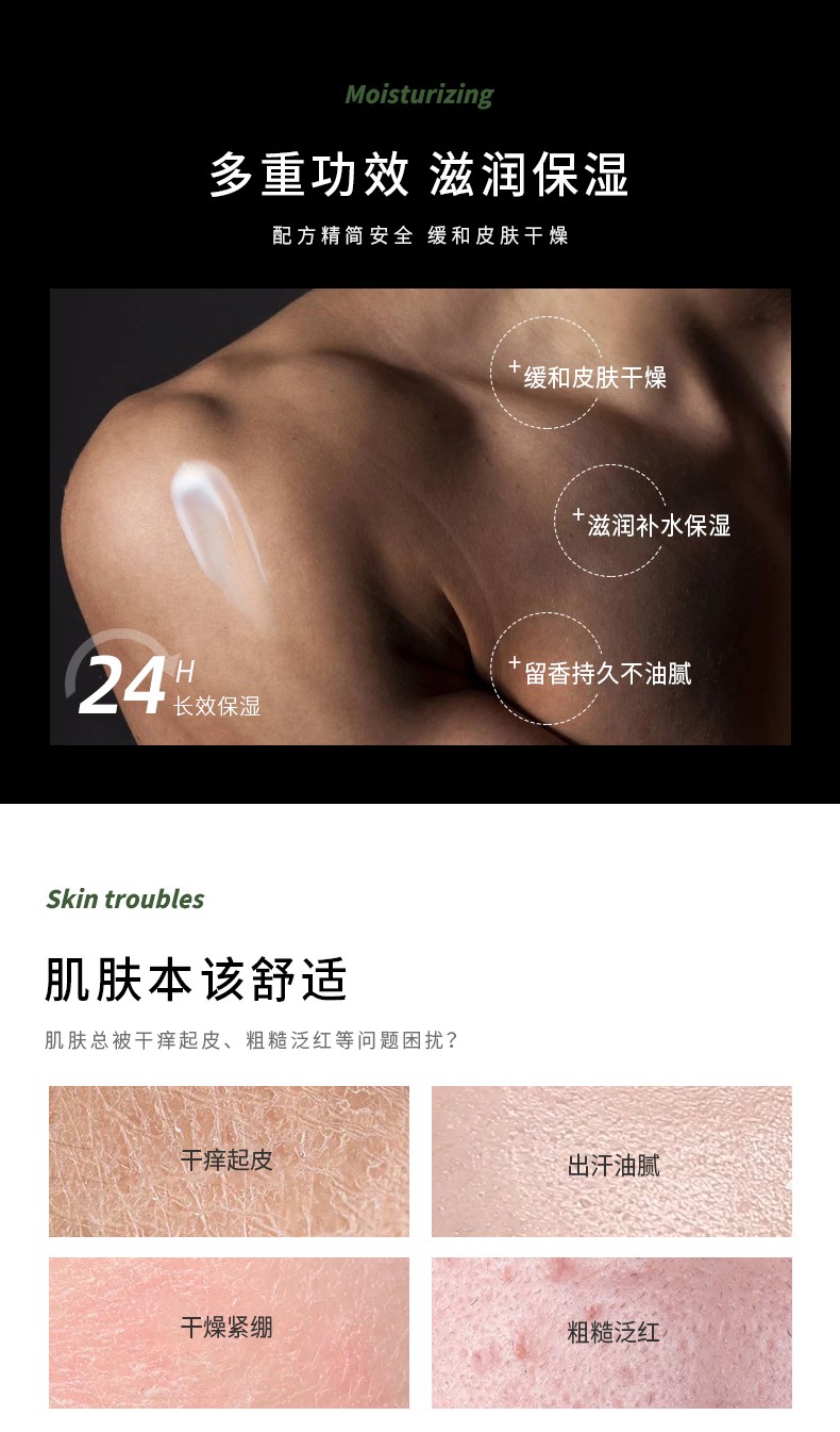 多重功效 滋潤保濕，配方精簡安全緩和皮膚干燥，滋潤補水保濕，24小時長效保濕，細(xì)膩溫和不刺激，留香持久不油膩